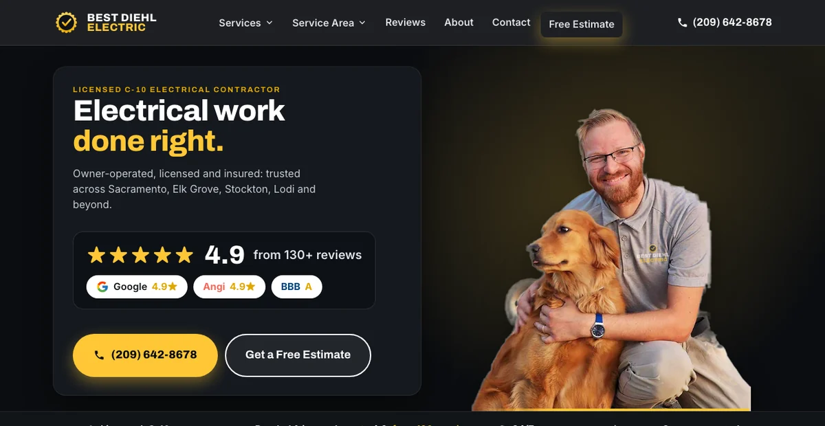 Best Diehl Electric website after the rebuild: the 4.9 rating, review platforms and owner Craig Diehl in the first screen