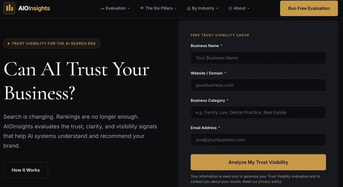 AIOInsights Trust Visibility Check homepage