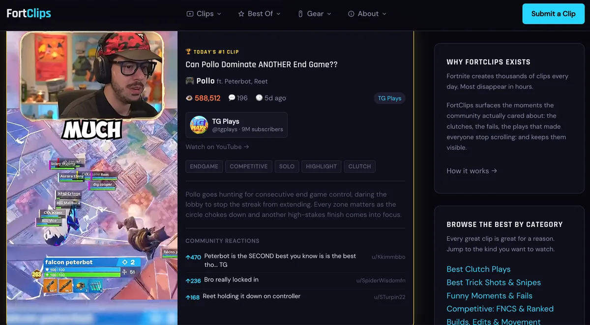 FortClips daily Fortnite clips homepage